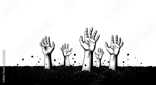 Group of Hands Reaching Up From Dark Soil, Symbolizing Struggle or Hope