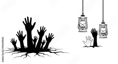 Silhouette Hands Reaching Out of Cracked Ground Near Hanging Lanterns - Vector Illustration