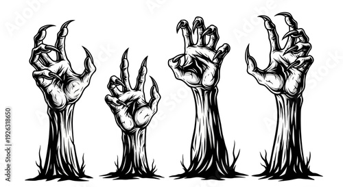 Creepy Monster Hands with Sharp Claws Erupting from Dark Ground, Halloween Horror Theme