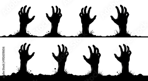Creepy Zombie Hands Emerging from the Ground, Halloween Horror Silhouette Illustration