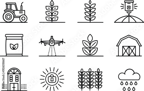 Illustrations of various farming activities and agricultural symbols