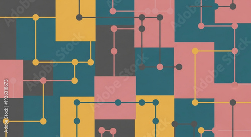 Vibrant geometric pattern with interconnected lines and colorful blocks in pink yellow teal and gray hues