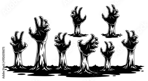 Creepy Zombie Hands Rising from Dark Ground, Horror and Halloween Illustration
