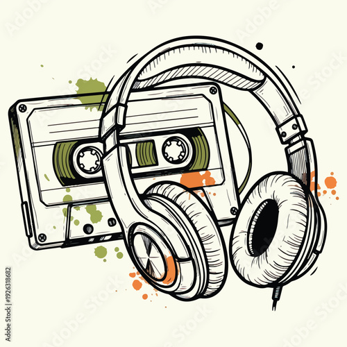 Retro audio cassette tape isolated on white background with vintage music and analogue sound style vector illustration t shirt design.