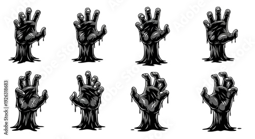Set of Creepy Zombie Hands Emerging from Dark Goo, Halloween Horror Illustration