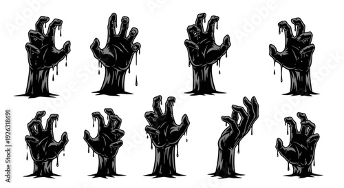 Creepy Black Zombie Hands Emerging from Ground in Spooky Horror Illustration