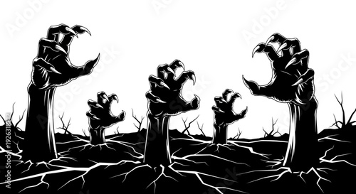 Monstrous Black Hands Emerging from Cracked Ground with Dead Trees, Spooky Halloween Horror