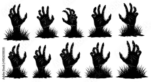 Ten Spooky Zombie Hands Rising From The Ground With Grass, Halloween Vector Art