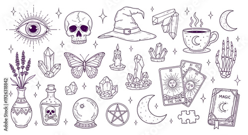 Mystical Bohemian Hand-Drawn Vector Icons Collection for Occult and Esoteric Themes
