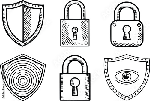 Collection of security symbols including shields, locks, and an eye