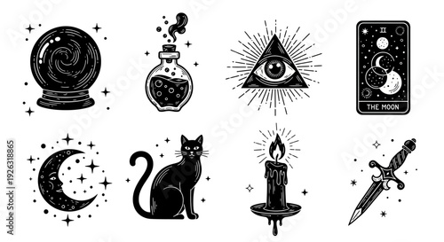 Mystical and Esoteric Symbols Collection: Fortune Telling, Witchcraft, and Celestial Elements