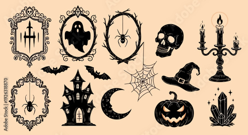 Mysterious Halloween Vector Elements: Ghost, Skull, Pumpkin, Spider, Castle, Crystals