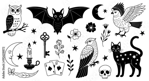 Mystical and Halloween Symbols Collection: Owl, Bat, Cat, Moon, Skull, and More