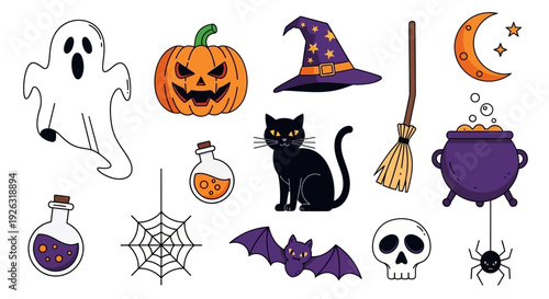 Halloween Icons Collection: Ghost, Pumpkin, Witch Hat, Broom, Cat, Skull, Spider