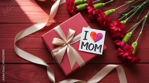 Mothers day gift box with I love mom card and flowers in warm sunlight on wooden background