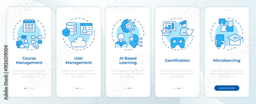 Modern learning techniques blue onboarding mobile app screen. Walkthrough 5 steps editable graphic instructions with linear concepts. UI, UX, GUI. Montserrat SemiBold, Regular fonts used
