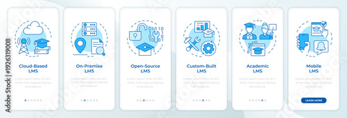 Learning management systems main types blue onboarding mobile app screen. Walkthrough 5 steps editable graphic instructions with linear concepts. UI, UX, GUI. Montserrat SemiBold, Regular fonts used