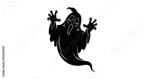 Scary Black Ghost Silhouette with Open Mouth and Spreading Hands, Halloween Icon