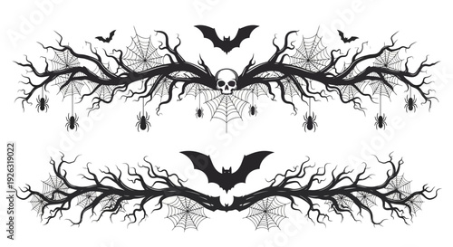Halloween Tree Branches with Spiders, Bats, and Skull - Spooky Vector Design