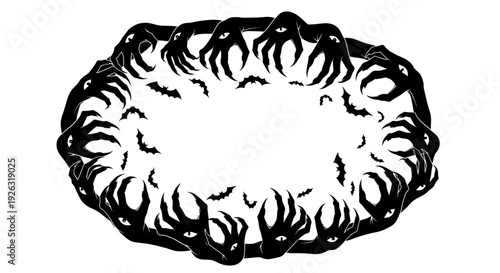 Creepy Halloween Frame of Spooky Hands, Eyes, and Bats, Dark Horror Design