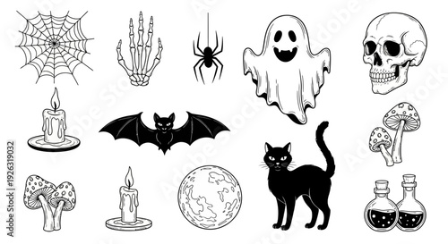 Spooky Halloween Elements Collection: Ghost, Skull, Bat, Cat, Spider, Pumpkin & More