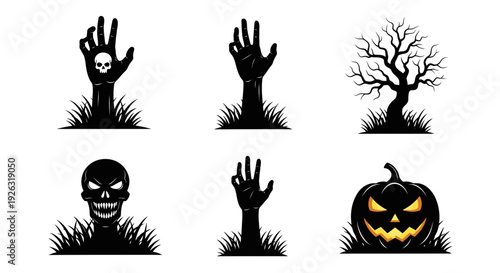 Spooky Halloween Silhouette Vector Pack with Zombie Hands, Skull, and Pumpkin