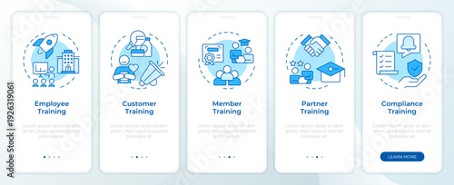 Professional training blue onboarding mobile app screen. Corporate growth. Walkthrough 5 steps editable graphic instructions with linear concepts. UI, UX, GUI. Montserrat SemiBold, Regular fonts used
