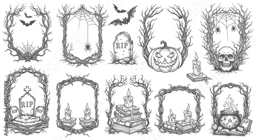 Spooky Halloween Frames with Pumpkins, Skulls, Bats, and Spiders Vector Set