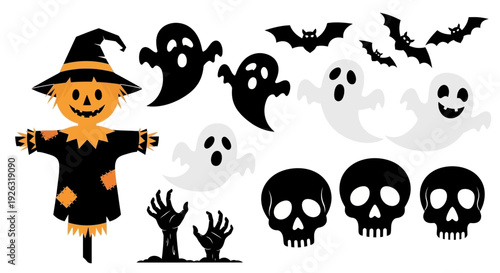 Collection of Spooky Halloween Icons: Scarecrow, Ghosts, Bats, Skulls, and Zombie Hands