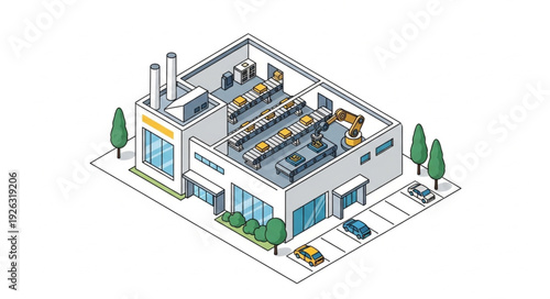 Isometric View of Modern Factory Building.