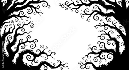 Spooky Swirling Tree Branches Silhouette Against White Background, Decorative Element