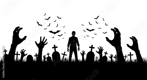 Zombie Apocalypse Cemetery with Flying Bats and Raised Hands - Spooky Halloween Vector Art