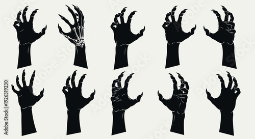Collection of Spooky Silhouette Hands with Sharp Claws, Monster or Scary Hand Gestures