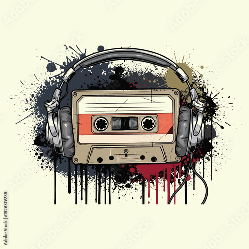 Retro audio cassette tape isolated on white background with vintage music and analogue sound style vector illustration t shirt design.