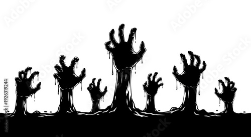 Spooky Black Silhouette Zombie Hands Emerging from the Ground with Dripping Slime
