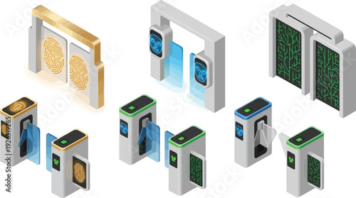 Isometric vector graphic illustration featuring a collection of modern biometric security gates and turnstiles for access control technology.