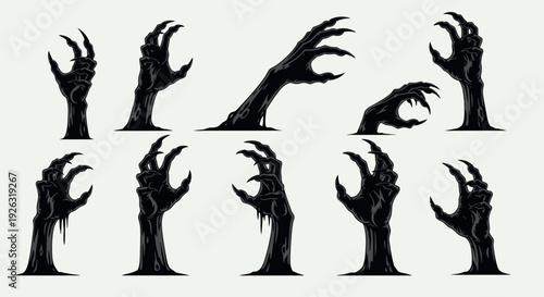 Set of Spooky Black Monster Hands Emerging from Ground, Halloween Themed Vector Graphics
