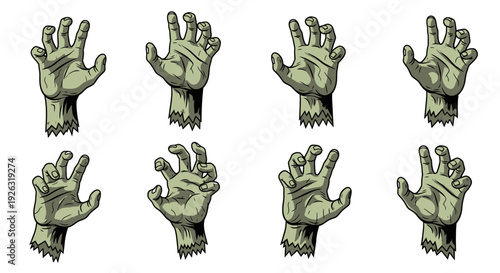 Collection of Spooky Zombie Hands Reaching Out Against White Background