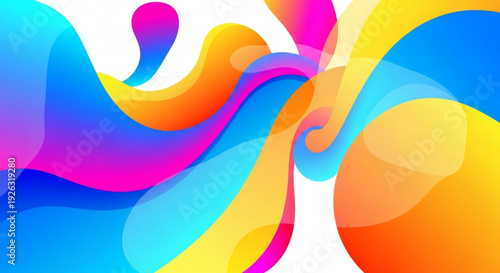 Vibrant colorful swirling abstract shapes in blue pink orange and yellow hues on white background for creative design
