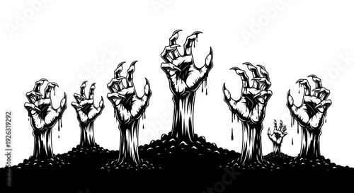 Spooky Zombie Hands Emerging from Dark Ground, Halloween Horror Illustration