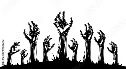 Creepy Zombie Hands Reaching Out from the Ground on White Background