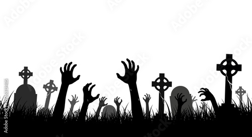 Halloween Spooky Graveyard with Zombie Hands Emerging from the Ground
