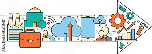A colorful illustration depicting business growth and technology shaped like an arrow on transparent background silhouette high quality professional detailed modern