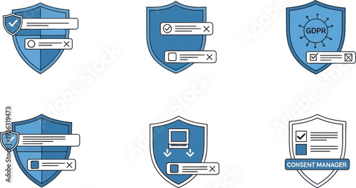 This vector illustration set visually represents essential data privacy, GDPR compliance, and user consent management concepts using secure shield designs.