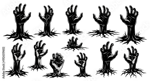 Collection of Spooky Zombie Hands Emerging from the Ground, Vector Graphic