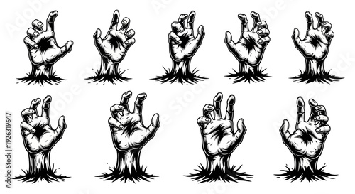 Collection of Zombie Hands Emerging from the Ground, Spooky Halloween Graphics Set