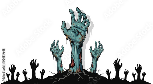 Halloween Zombie Hands Rising From Ground, Scary Horror Illustration for Spooky Season