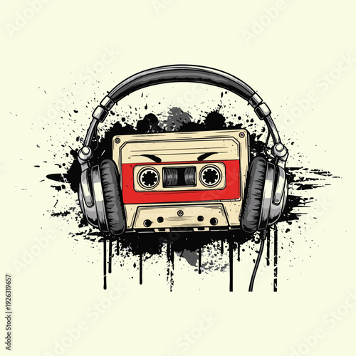 Retro audio cassette tape isolated on white background with vintage music and analogue sound style vector illustration t shirt design.