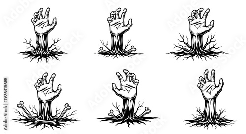 Zombie Hands Erupting from Ground with Roots and Bones, Spooky Halloween Illustration