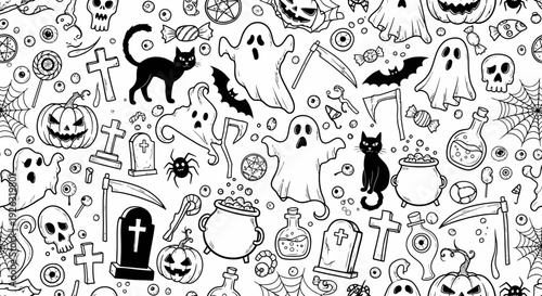 Seamless black and white Halloween pattern with ghosts, cats, pumpkins, and spooky elements.